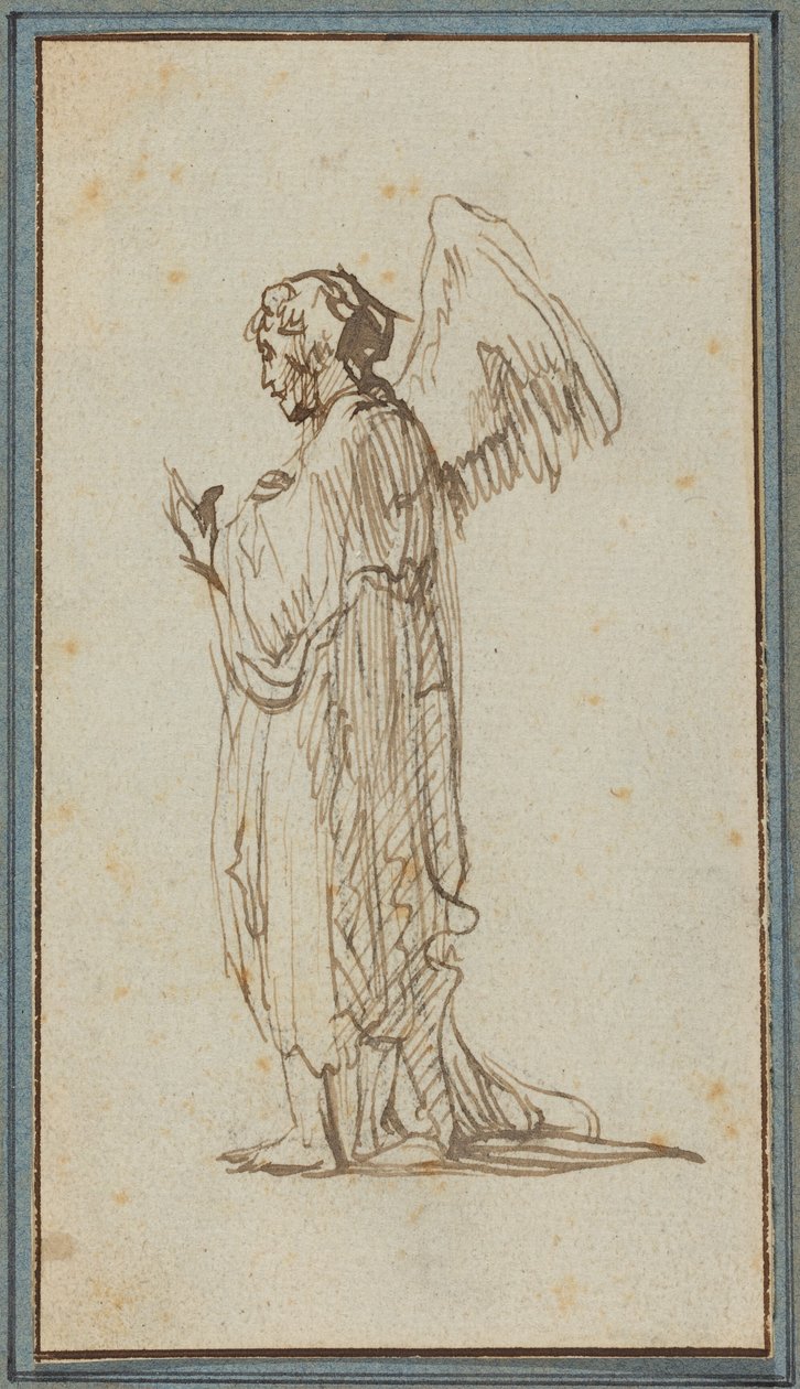 Angel Standing (penna och brunt bläck över spår av träkol på liggande papper) av Rembrandt van Rijn