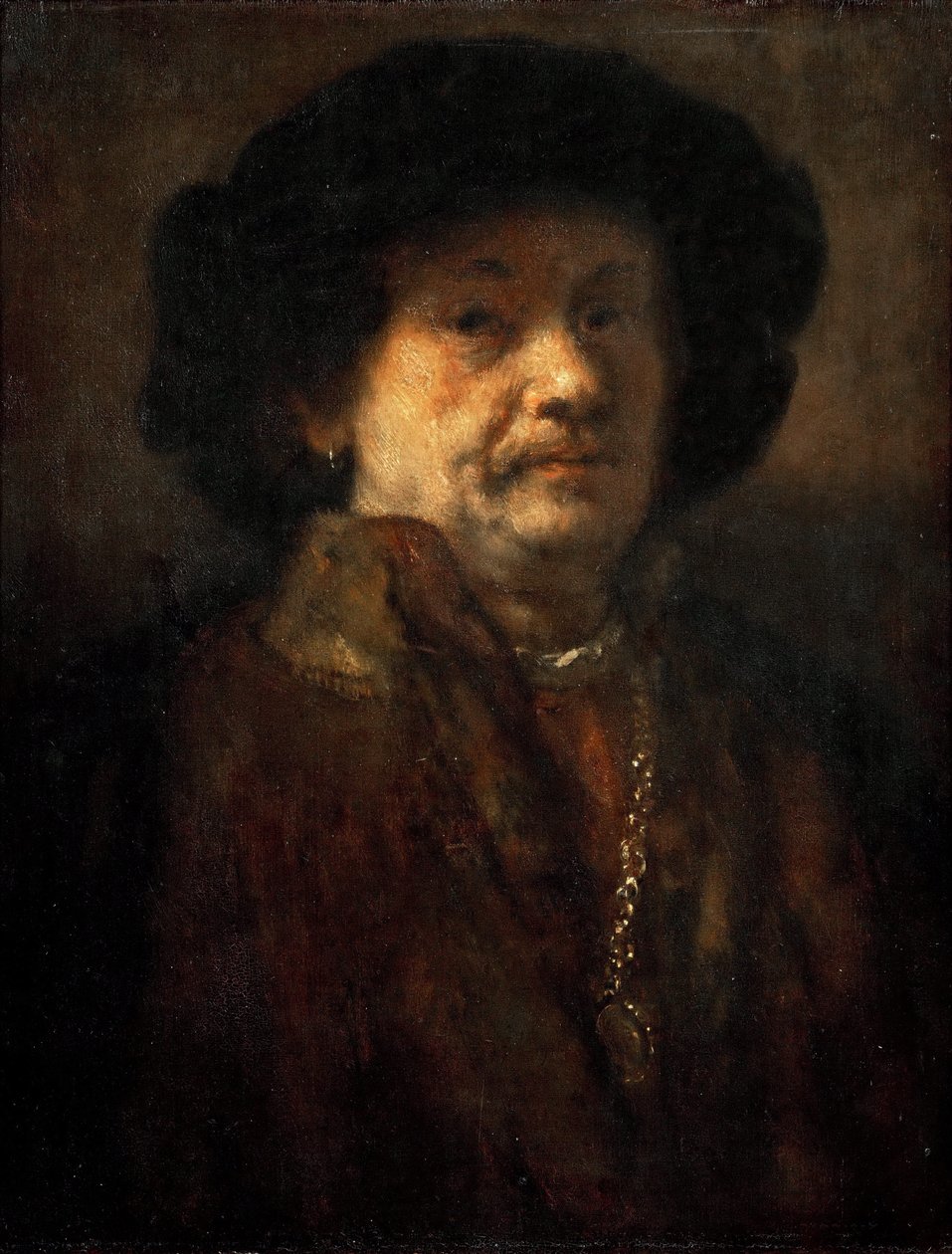 Självporträtt i päls med guldkedja och örhänge, av Rembrandt van Rhijn (1606-1669). olja på trä av Rembrandt van Rijn