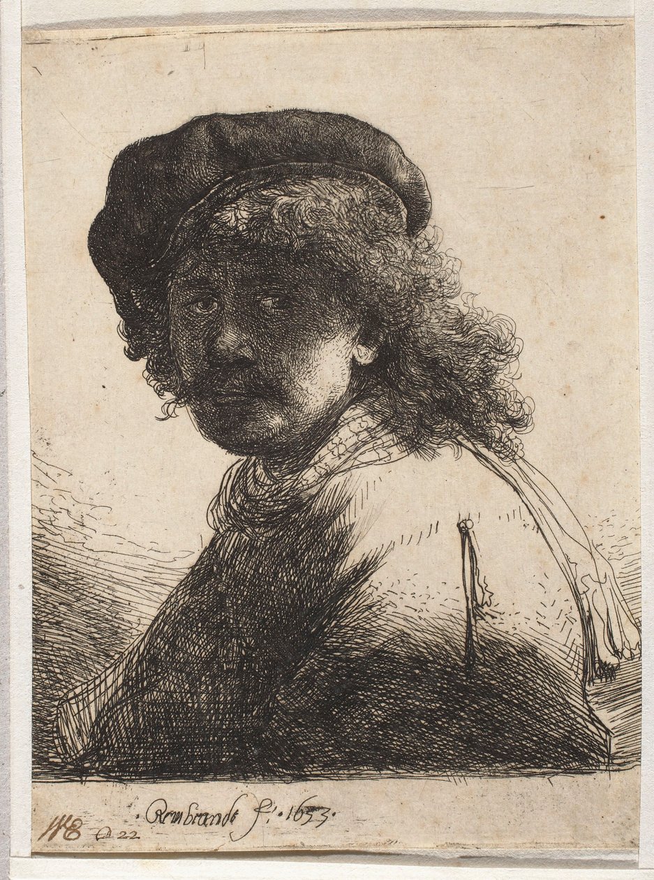Självporträtt med basker och sjal av Rembrandt van Rijn