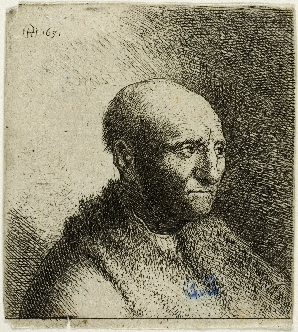 Skallig man i en pälsmantel: Byst av Rembrandt van Rijn