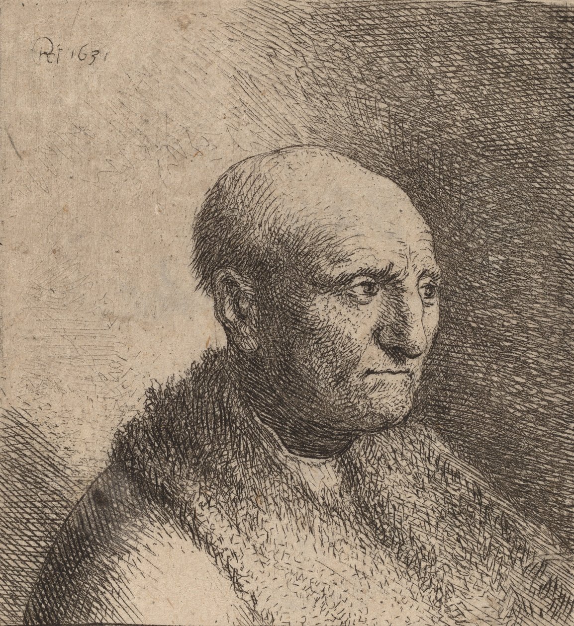 Skallig man i en pälsmantel, ca. 1630. av Rembrandt van Rijn