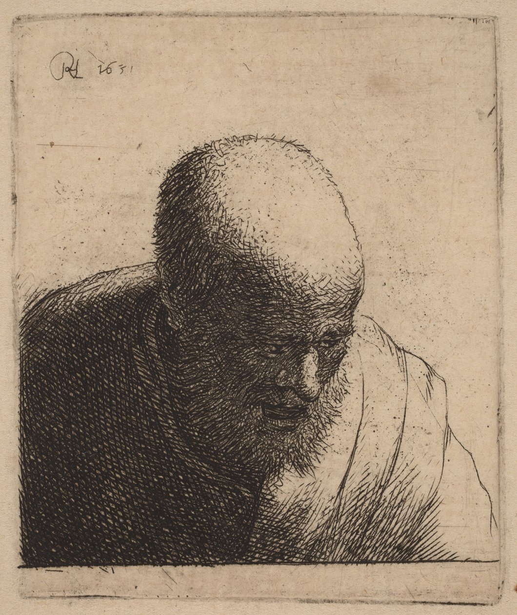 En skallig man med öppen mun som tittar ner av Rembrandt van Rijn