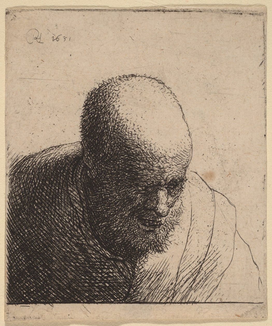 En skallig man med öppen mun som tittar ner av Rembrandt van Rijn