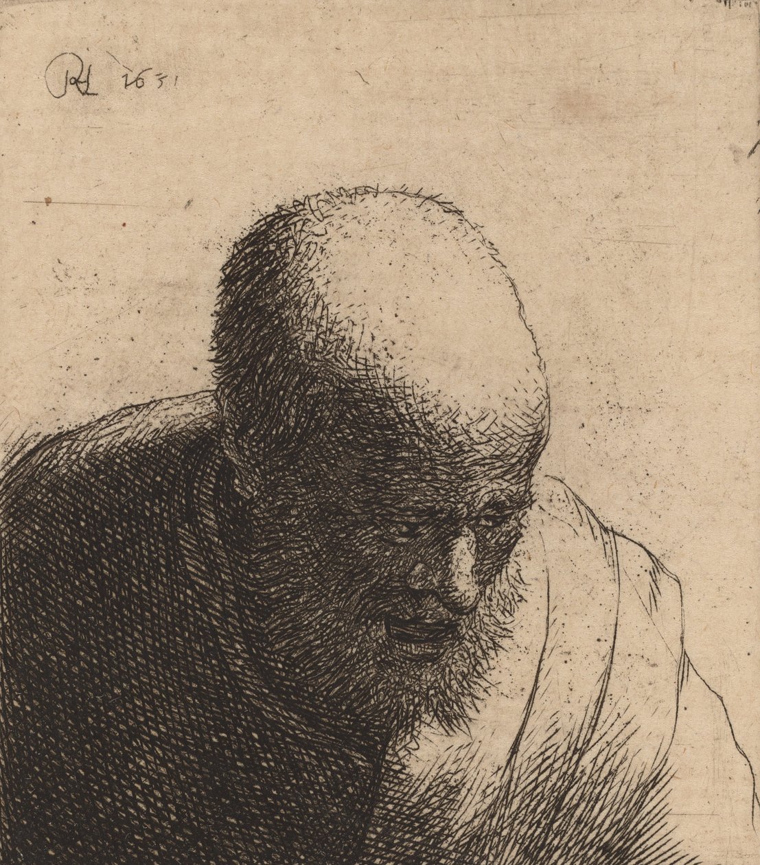 Skallig man med öppen mun, tittar ner, ca. 1630. av Rembrandt van Rijn