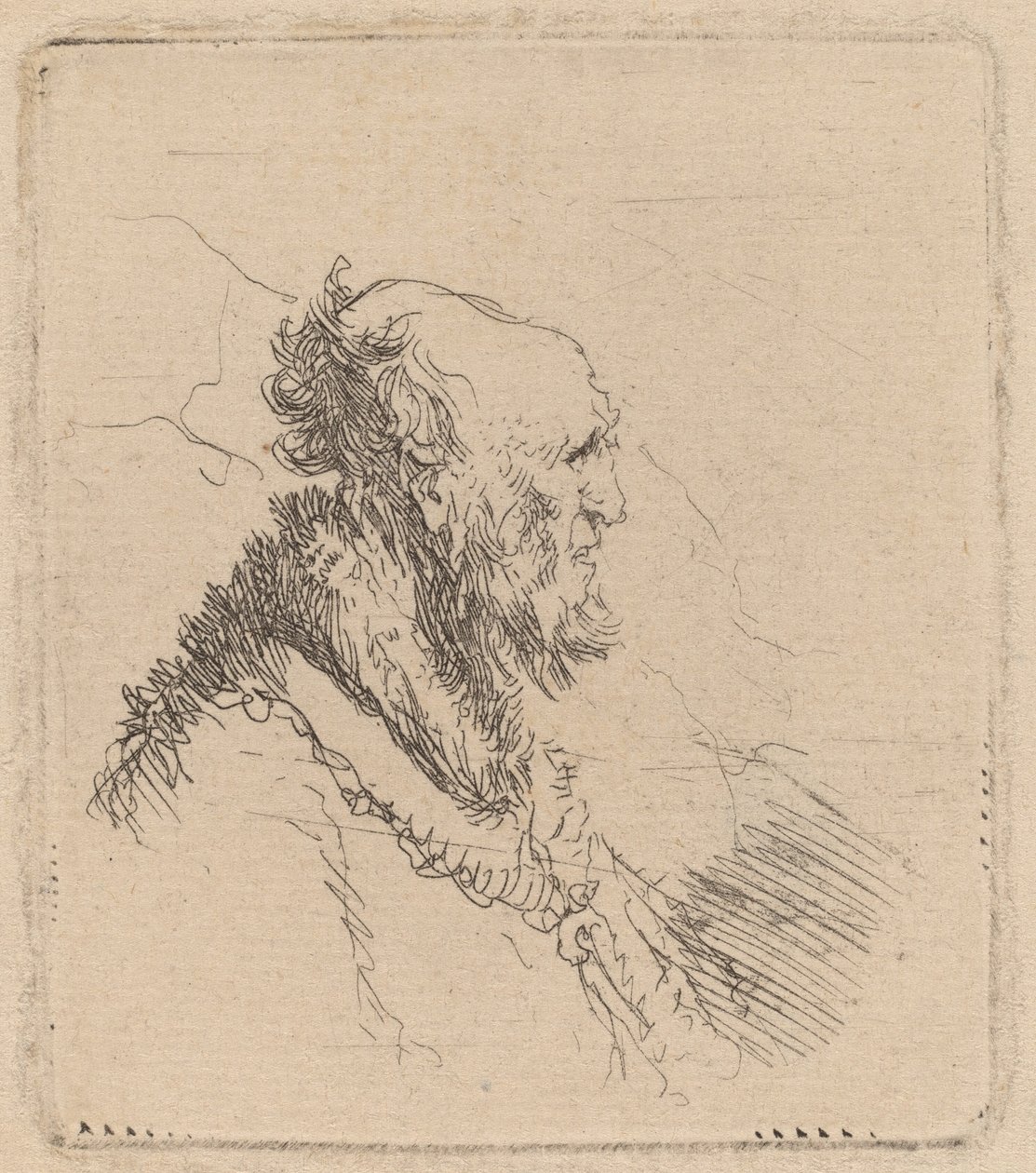 Skallig gammal man med kort skägg i profil av Rembrandt van Rijn