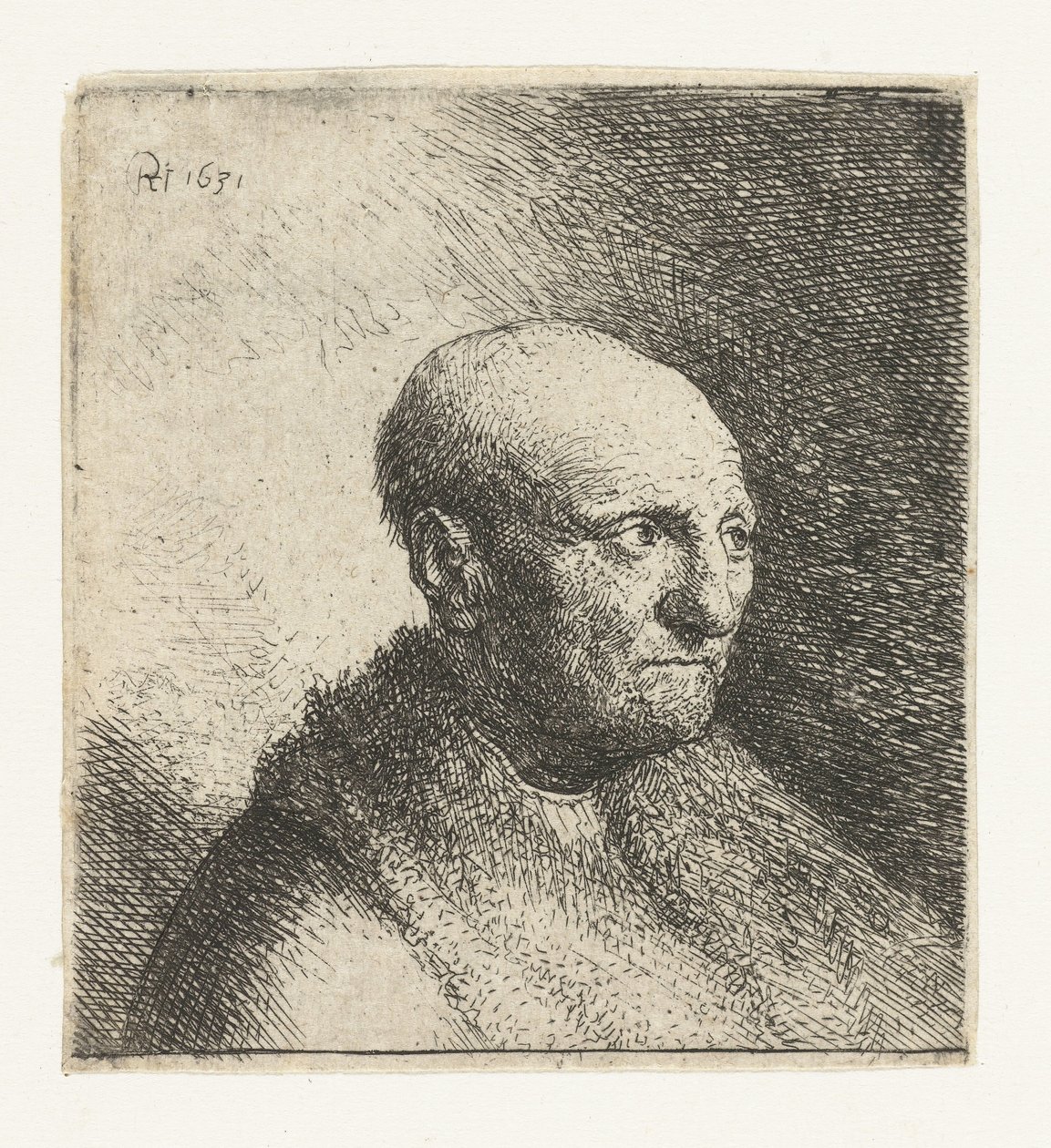 Skallig man i pälsmantel: byst av Rembrandt van Rijn