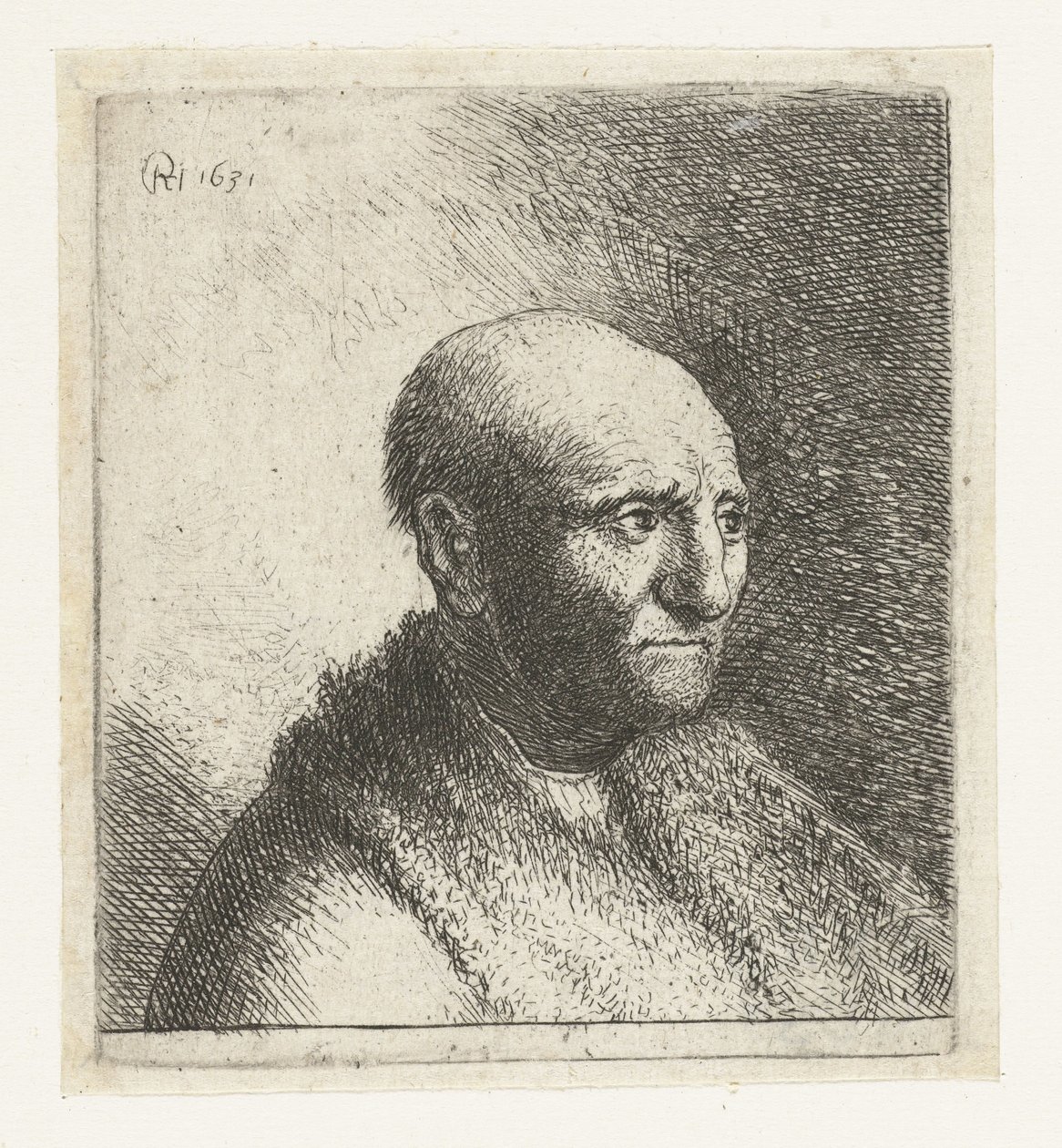 Skallig man i pälsmantel: byst av Rembrandt van Rijn