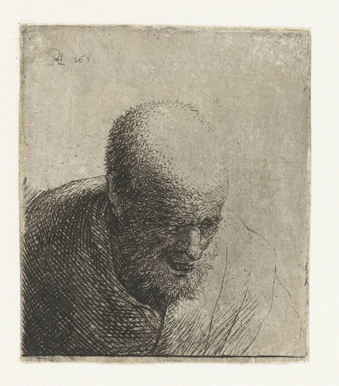 Skallig man med öppen mun, tittar ner: byst av Rembrandt van Rijn