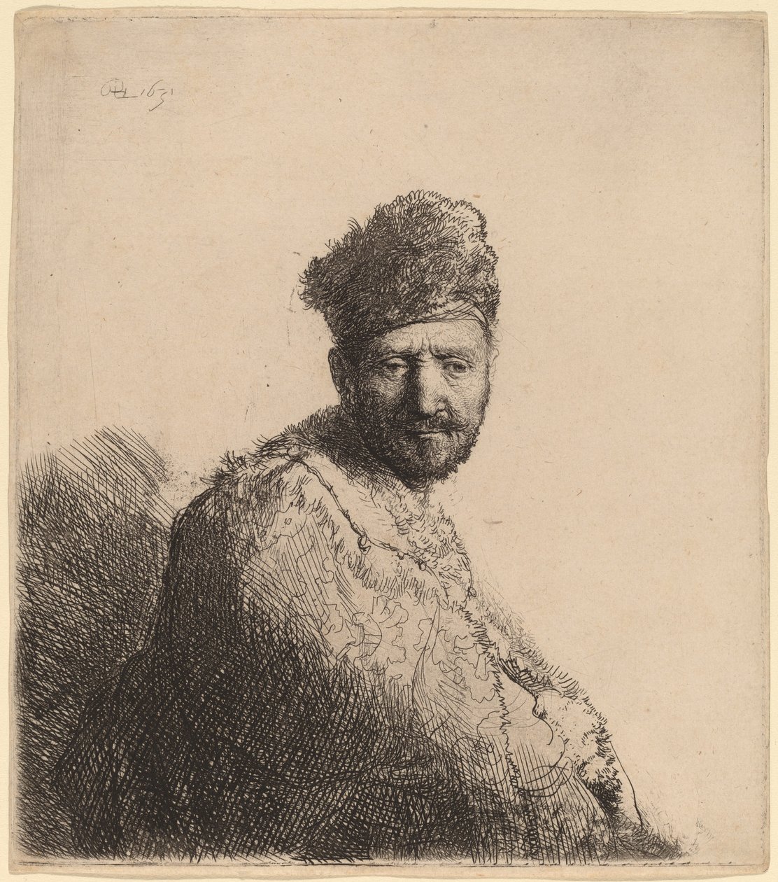Skäggig man, i en pälsförsedd orientalisk mössa och mantel: konstnärens far av Rembrandt van Rijn