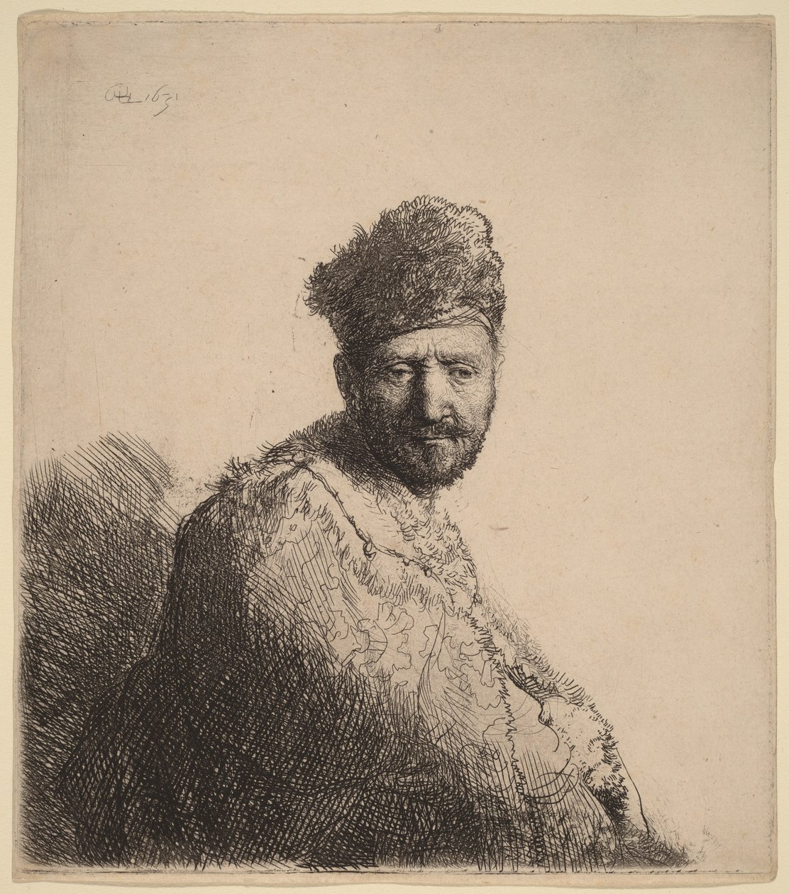 En skäggig man i en pälskantad orientalisk mössa och mantel: konstnärens far av Rembrandt van Rijn
