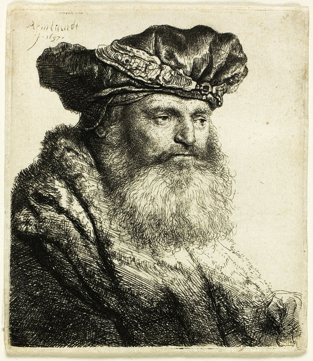 Skäggig man i sammetsmössa med juvellås av Rembrandt van Rijn