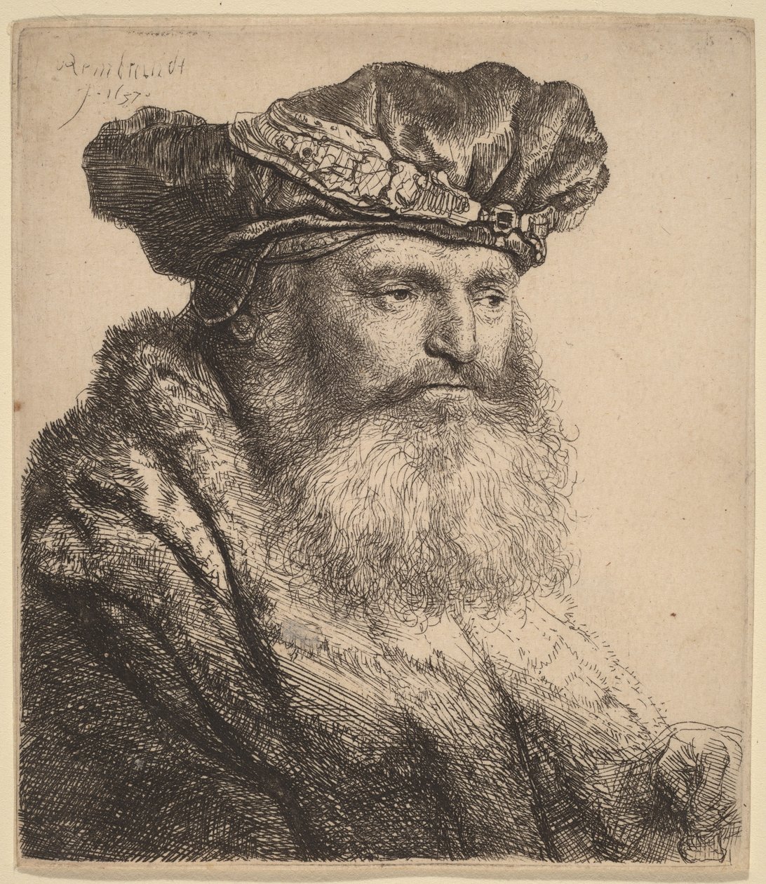 Skäggig man i en sammetmössa med ett smyckeslås av Rembrandt van Rijn