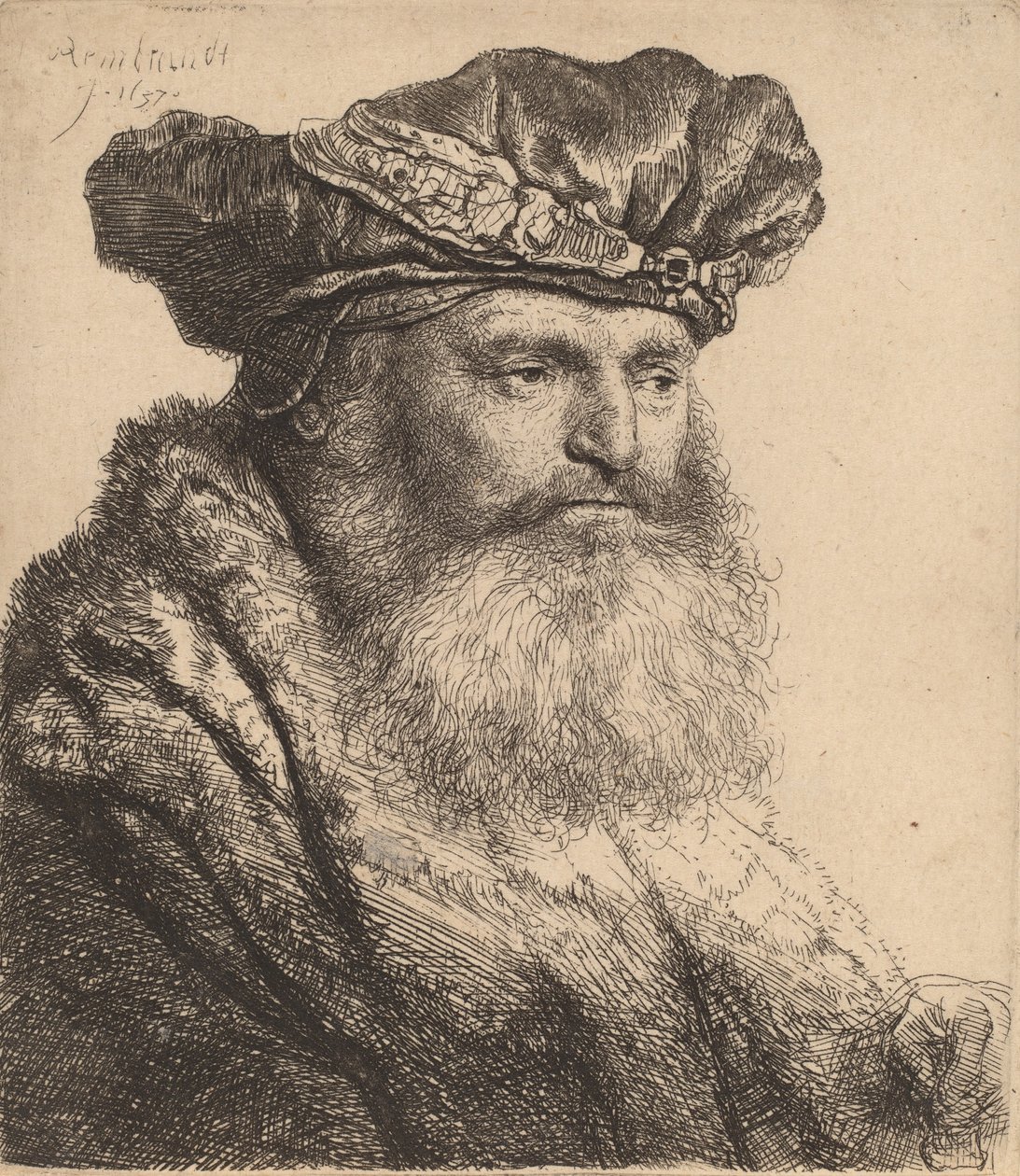 Skäggig man i sammetsmössa med juvellås, 1637 av Rembrandt van Rijn