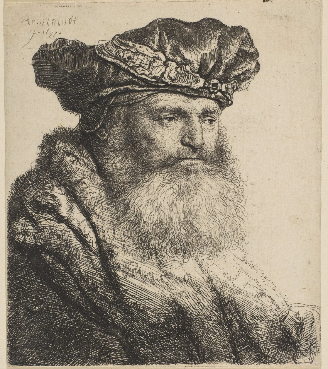 Skäggig man i sammetsmössa med juvellås, 1637. av Rembrandt van Rijn
