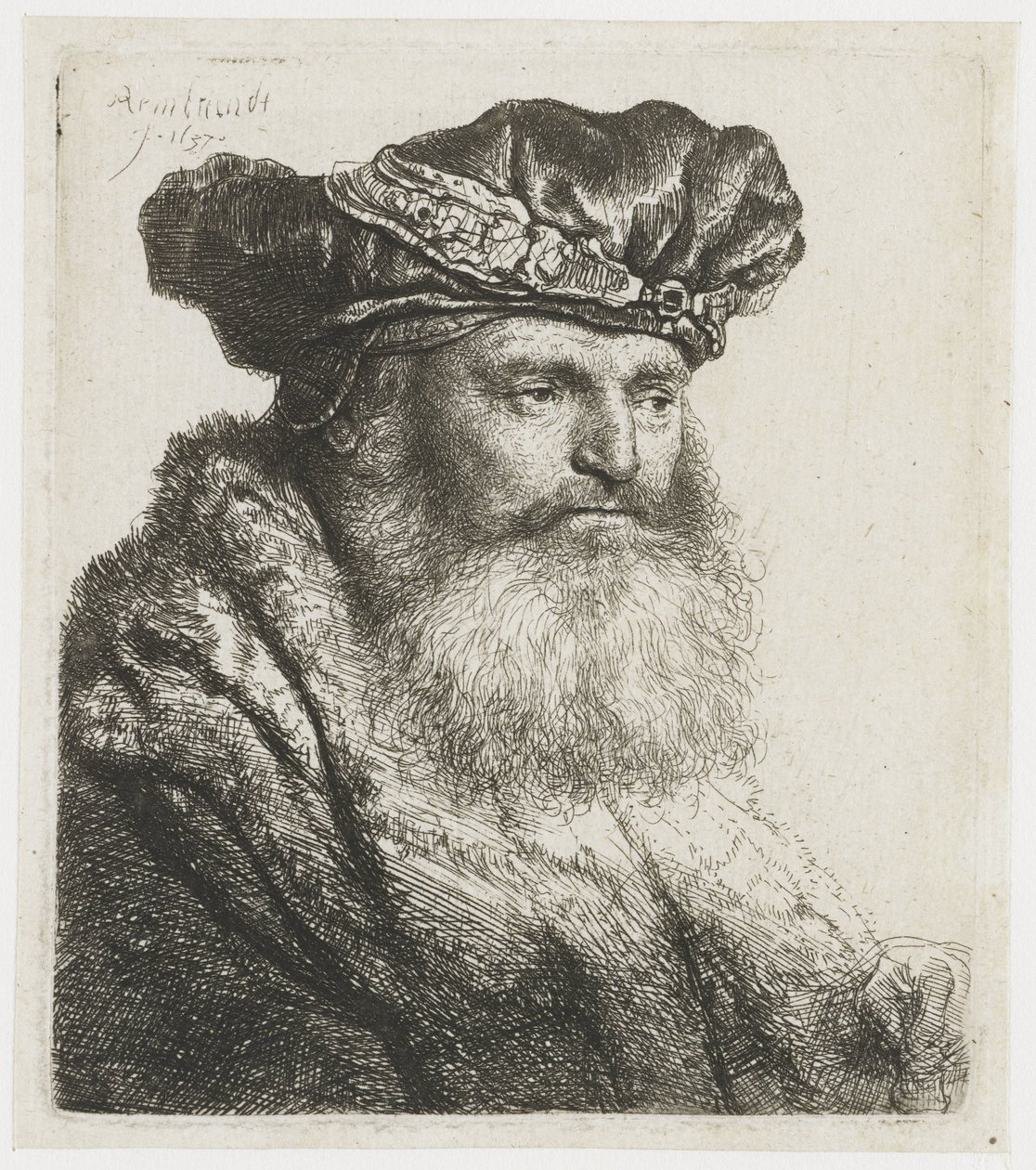 Skäggig man i sammetsmössa med ett juvellås Skäggig man i sammetsmössa med juvellås av Rembrandt van Rijn