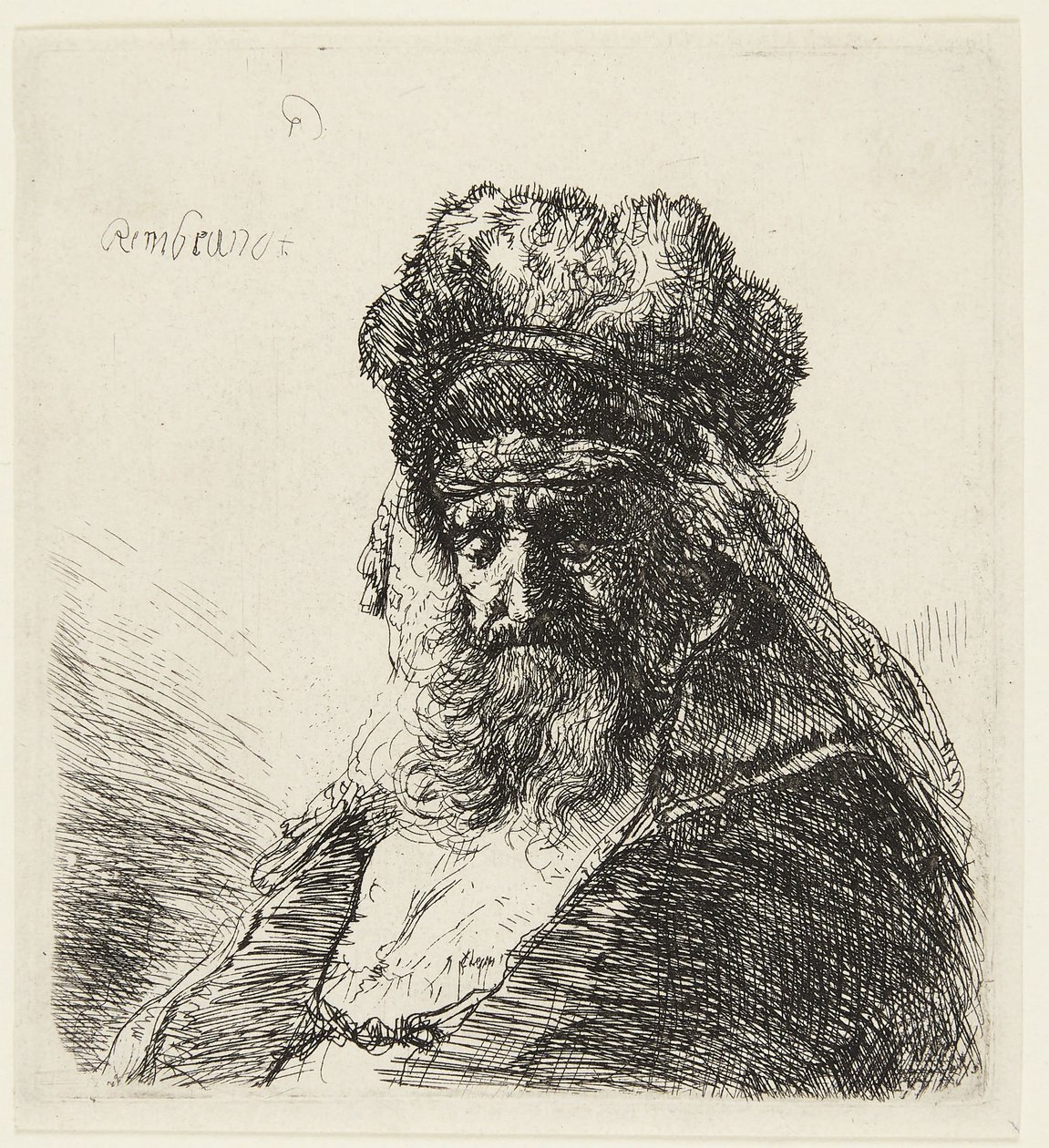 En skäggig gammal man med en hög pälsmössa och slutna ögon av Rembrandt van Rijn