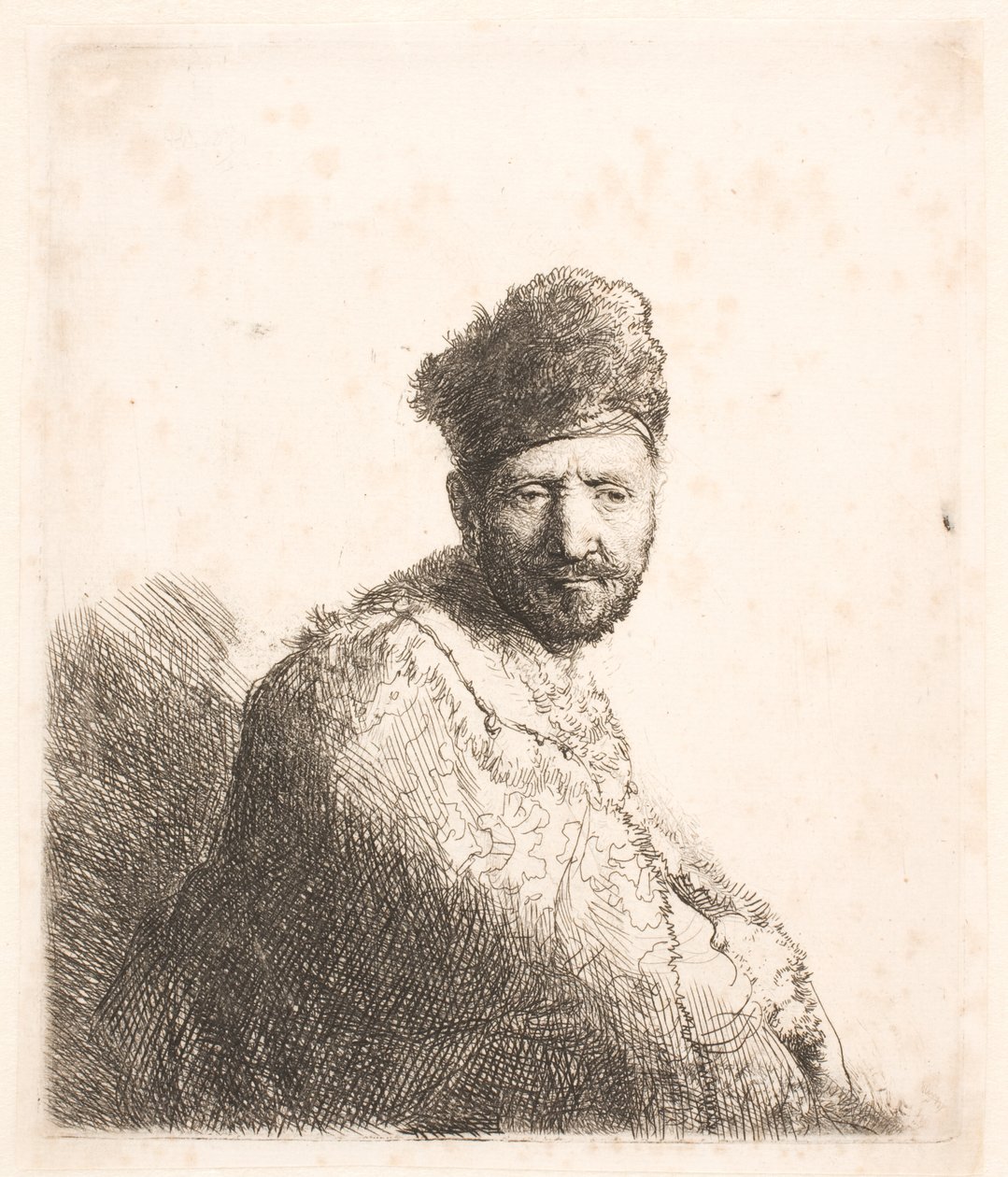 Skäggig man (Rembrandts far) i orientalisk mössa och mantel med pälskant: halvfigur av Rembrandt van Rijn