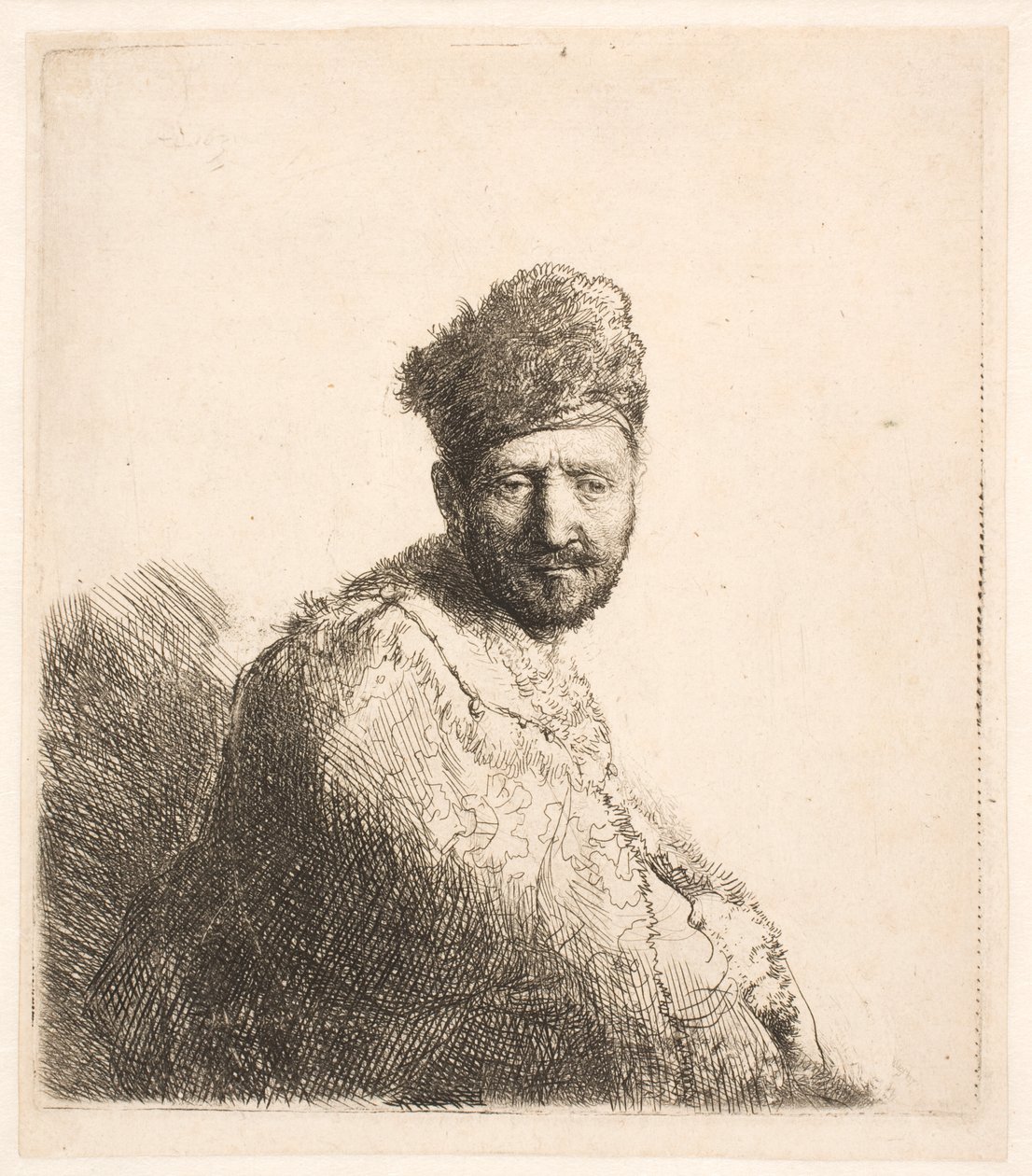 Skäggig man (Rembrandts far) i orientalisk mössa och mantel med pälskant: halvfigur av Rembrandt van Rijn