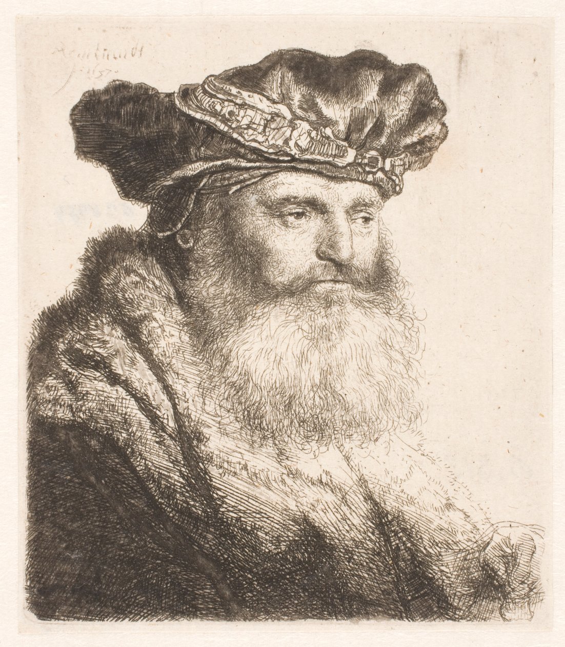 Skäggig man som bär en sammetsmössa med juvellås av Rembrandt van Rijn