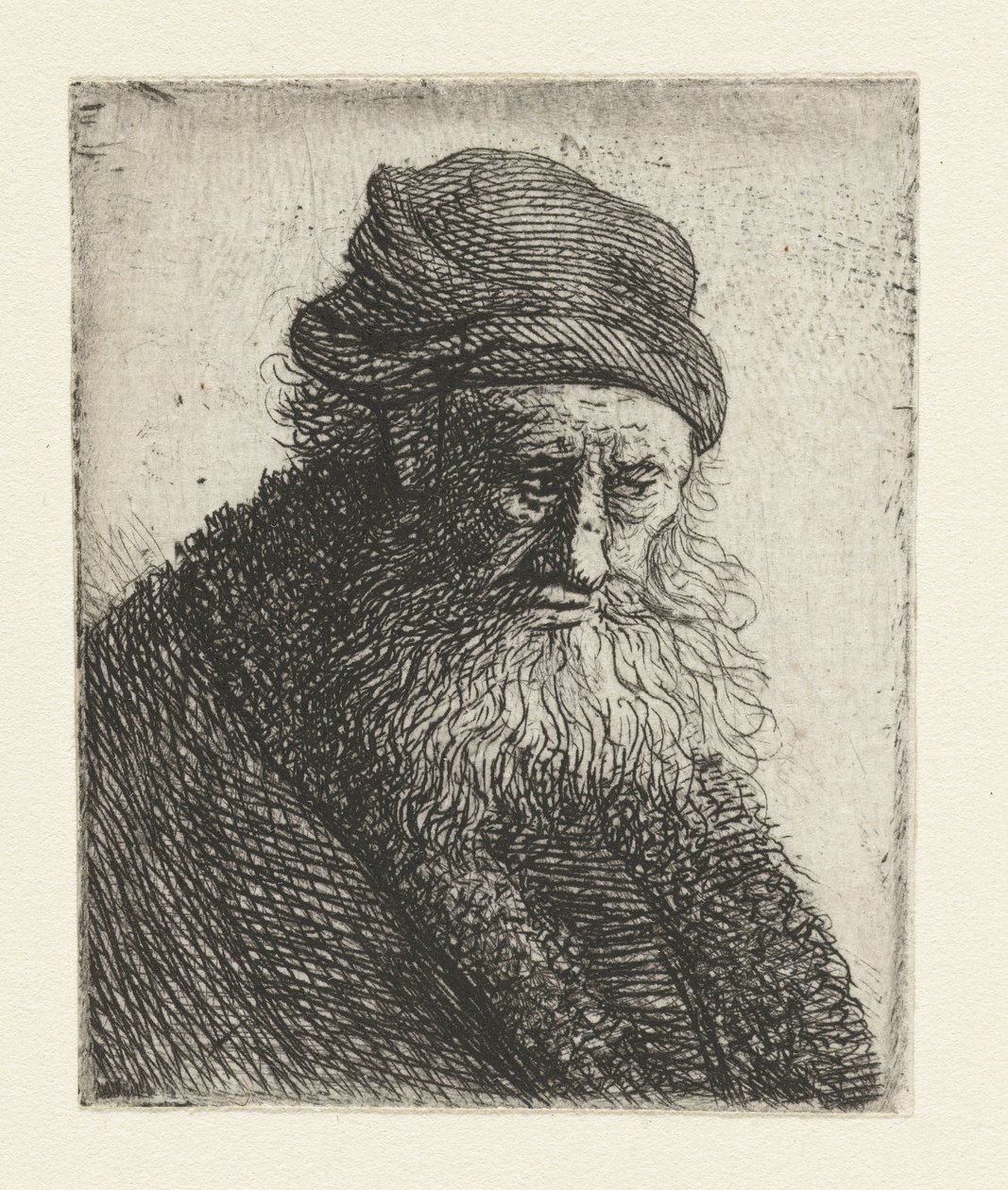 Skäggig man med kort vågigt hår: byst av Rembrandt van Rijn