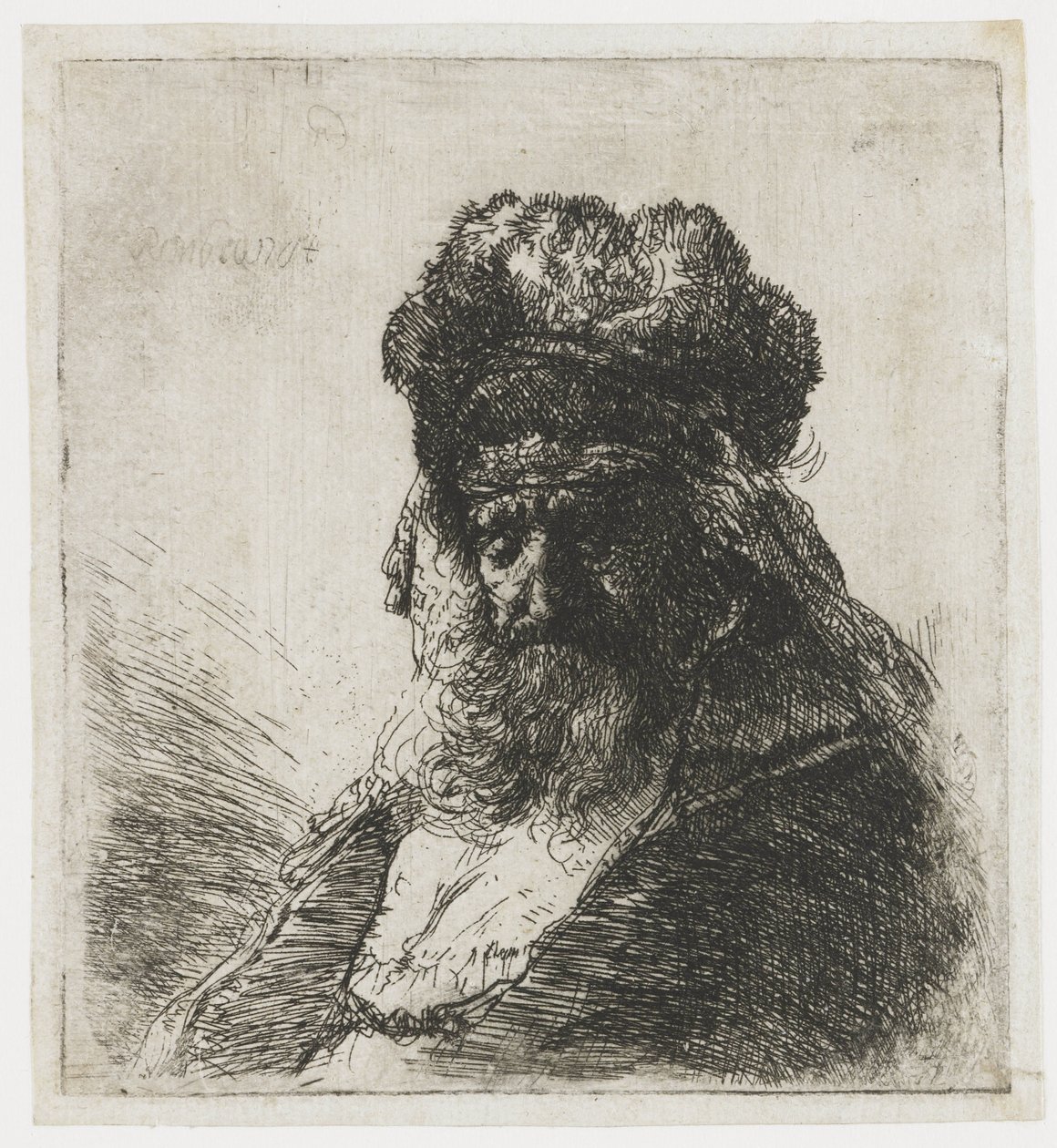 Skäggig gubbe i en hög pälsmössa, med slutna ögon av Rembrandt van Rijn