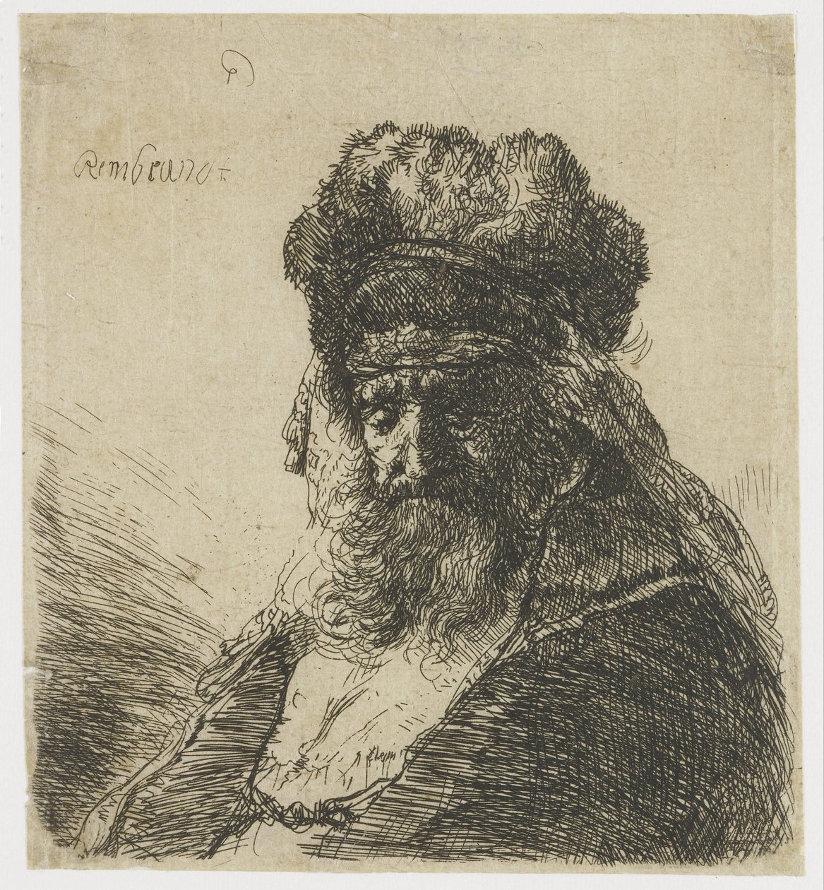 Skäggig gubbe i en hög pälsmössa, med slutna ögon av Rembrandt van Rijn