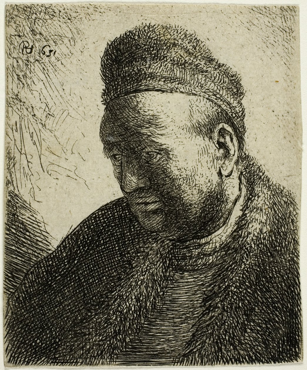 Skägglös man i pälsmantel och mössa: byst av Rembrandt van Rijn