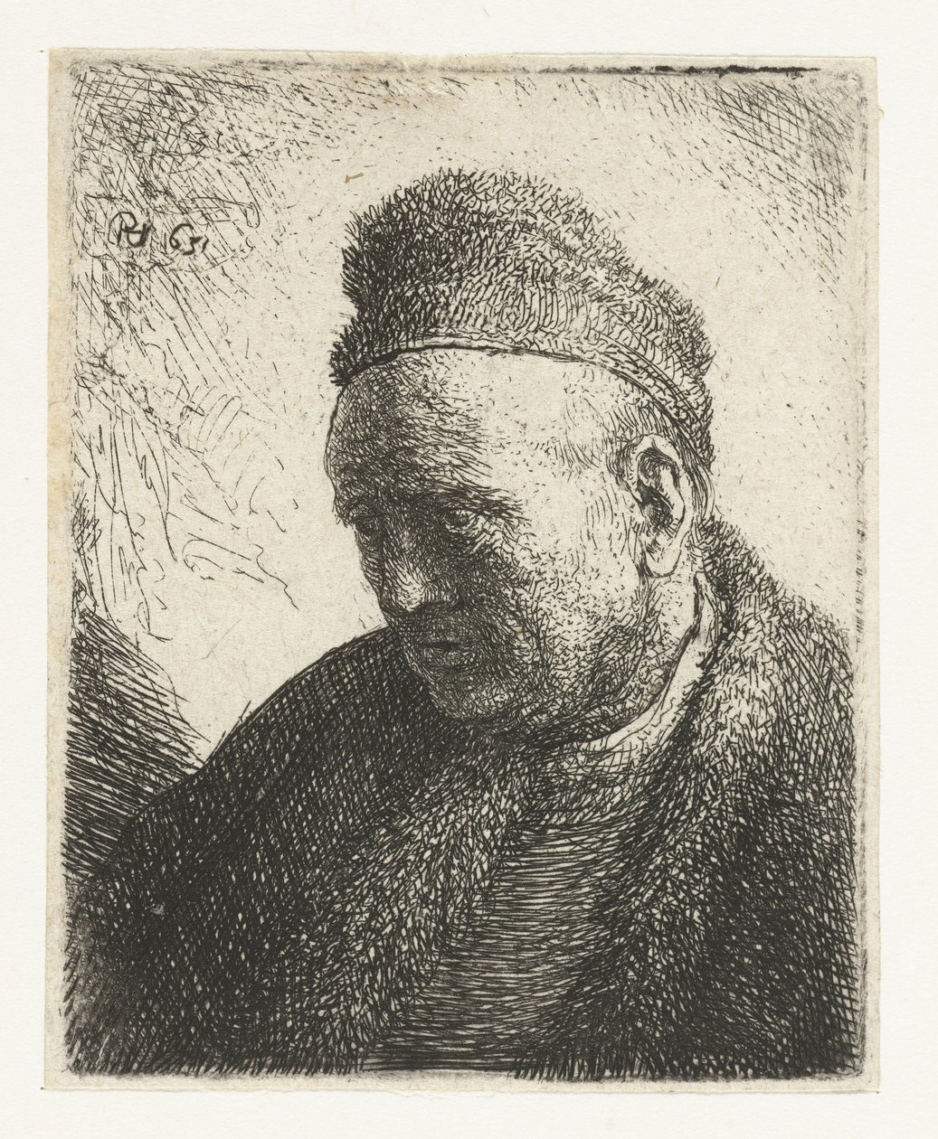 Skägglös man i pälskappa och mössa: byst av Rembrandt van Rijn