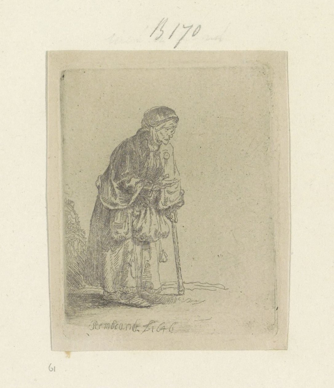 Tiggarkvinna, lutad på en pinne, till höger Recueil de quatre-vingt-cinq estampes originales (serietitel) av Rembrandt van Rijn