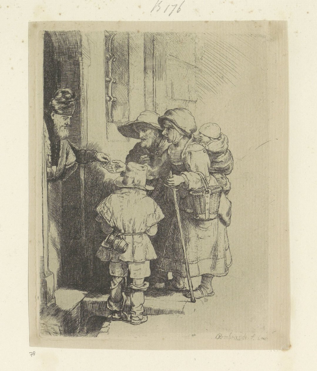 Tiggerfamiljen får allmosor vid dörren till ett hus Recueil de quatre-vingt-cinq estampes originales (serietitel) av Rembrandt van Rijn
