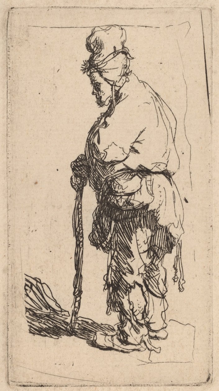 Tiggare lutad på en pinne, vänd åt vänster av Rembrandt van Rijn