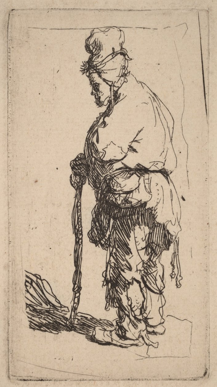 Tiggare som stöder sig på en käpp, vänd mot vänster av Rembrandt van Rijn