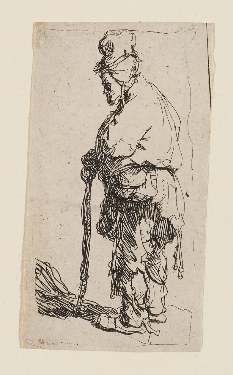 Tiggare lutad mot en käpp, vänd åt vänster av Rembrandt van Rijn