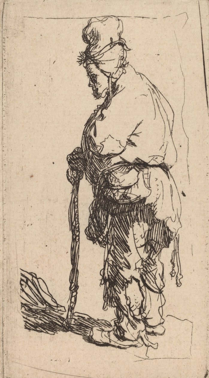 Tiggare lutad på en pinne, vänd åt vänster, ca. 1630. av Rembrandt van Rijn