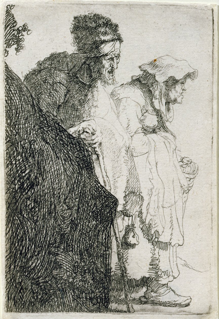 Tiggare Man och kvinna bakom en bank, c.1630 av Rembrandt van Rijn