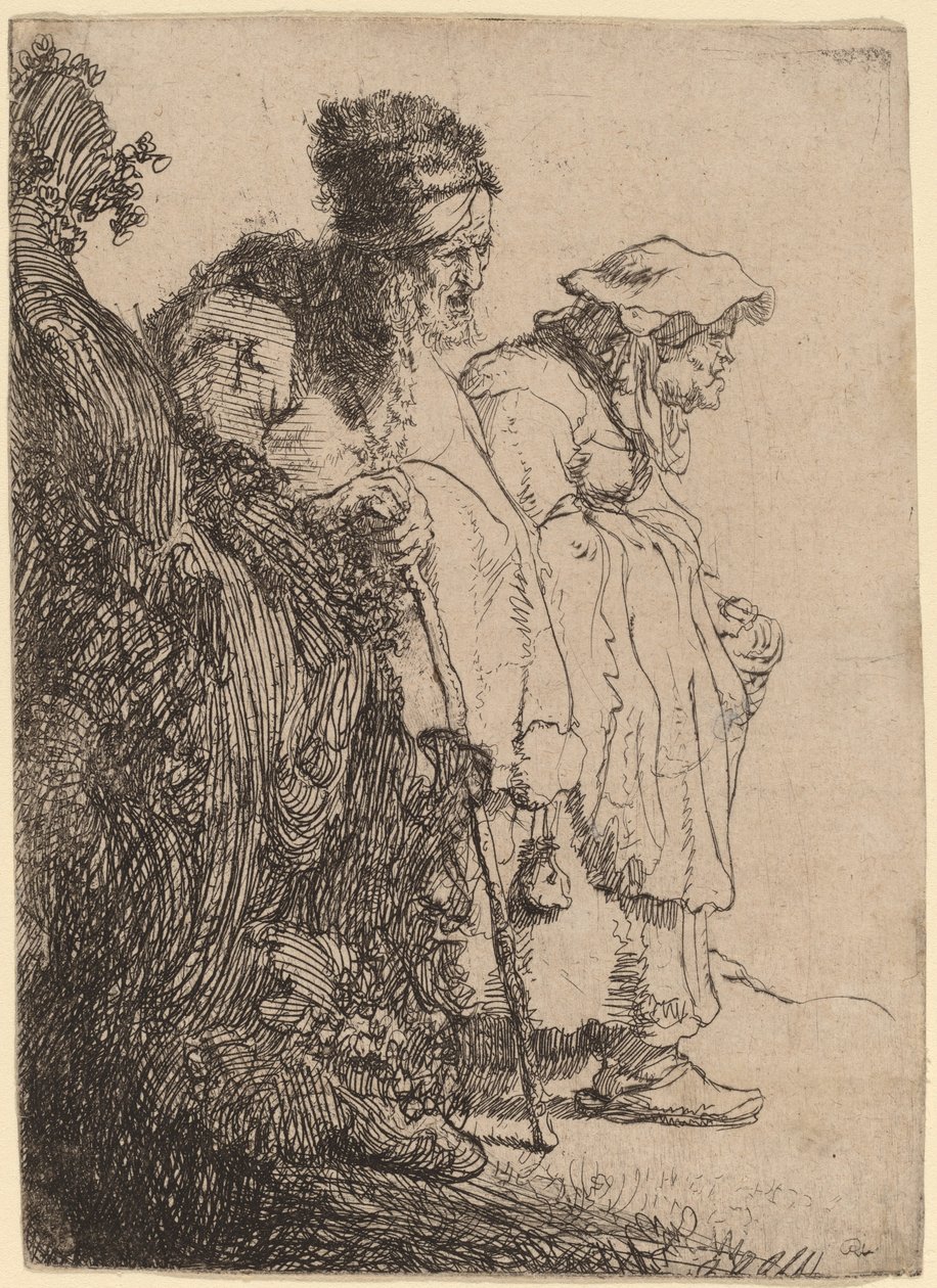 Tiggare Man och kvinna bakom en bank av Rembrandt van Rijn