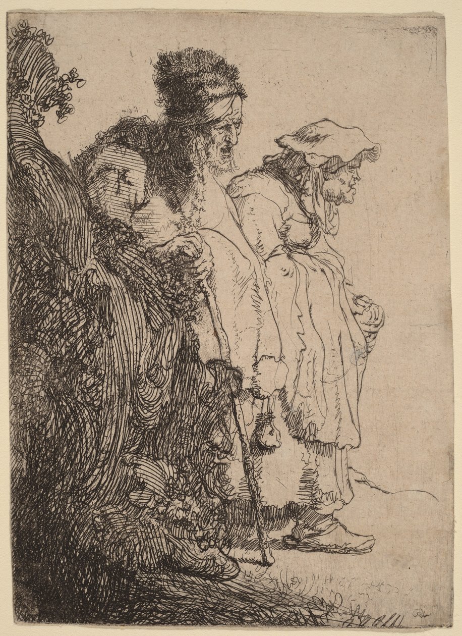 En tiggare och en tiggarkvinna bakom en bank av Rembrandt van Rijn
