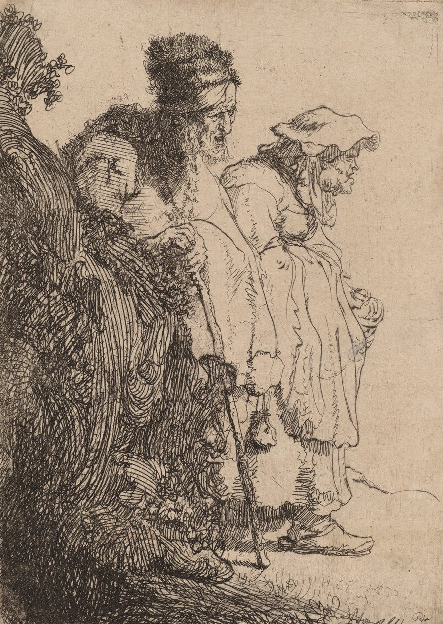 Tiggare Man och kvinna bakom en bank, ca. 1630. av Rembrandt van Rijn