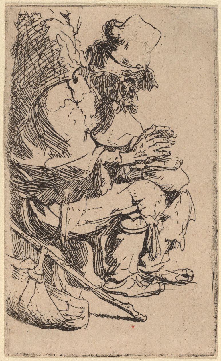 Tiggare sitter och värmer sina händer vid en skavskål av Rembrandt van Rijn