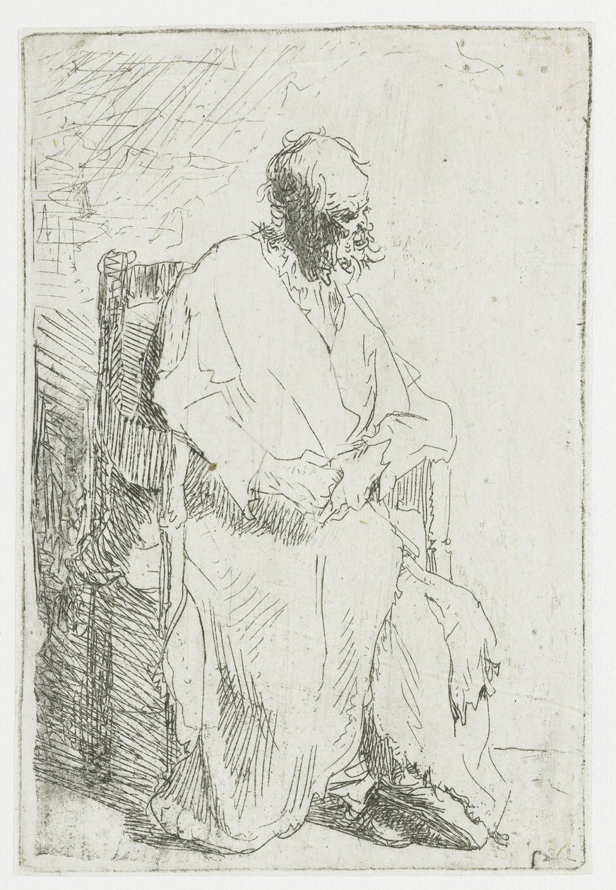 Tiggare, sittande i en fåtölj av Rembrandt van Rijn