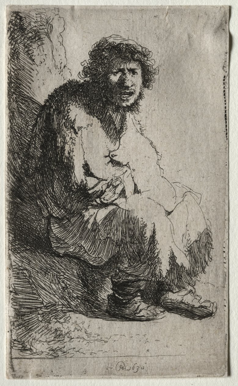 Tiggare som sitter på en bank av Rembrandt van Rijn