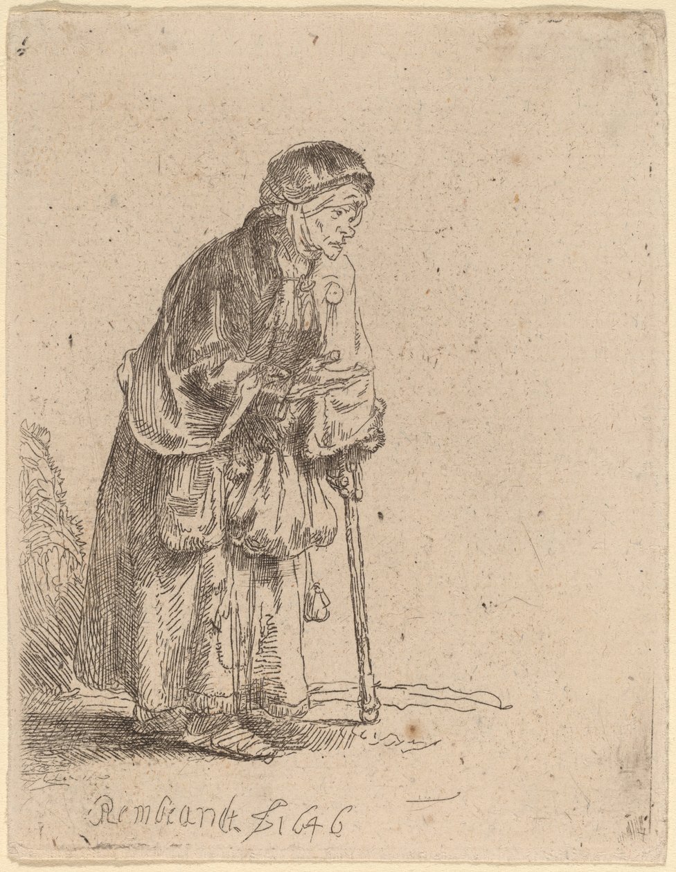 Tiggarkvinna lutad på en pinne av Rembrandt van Rijn