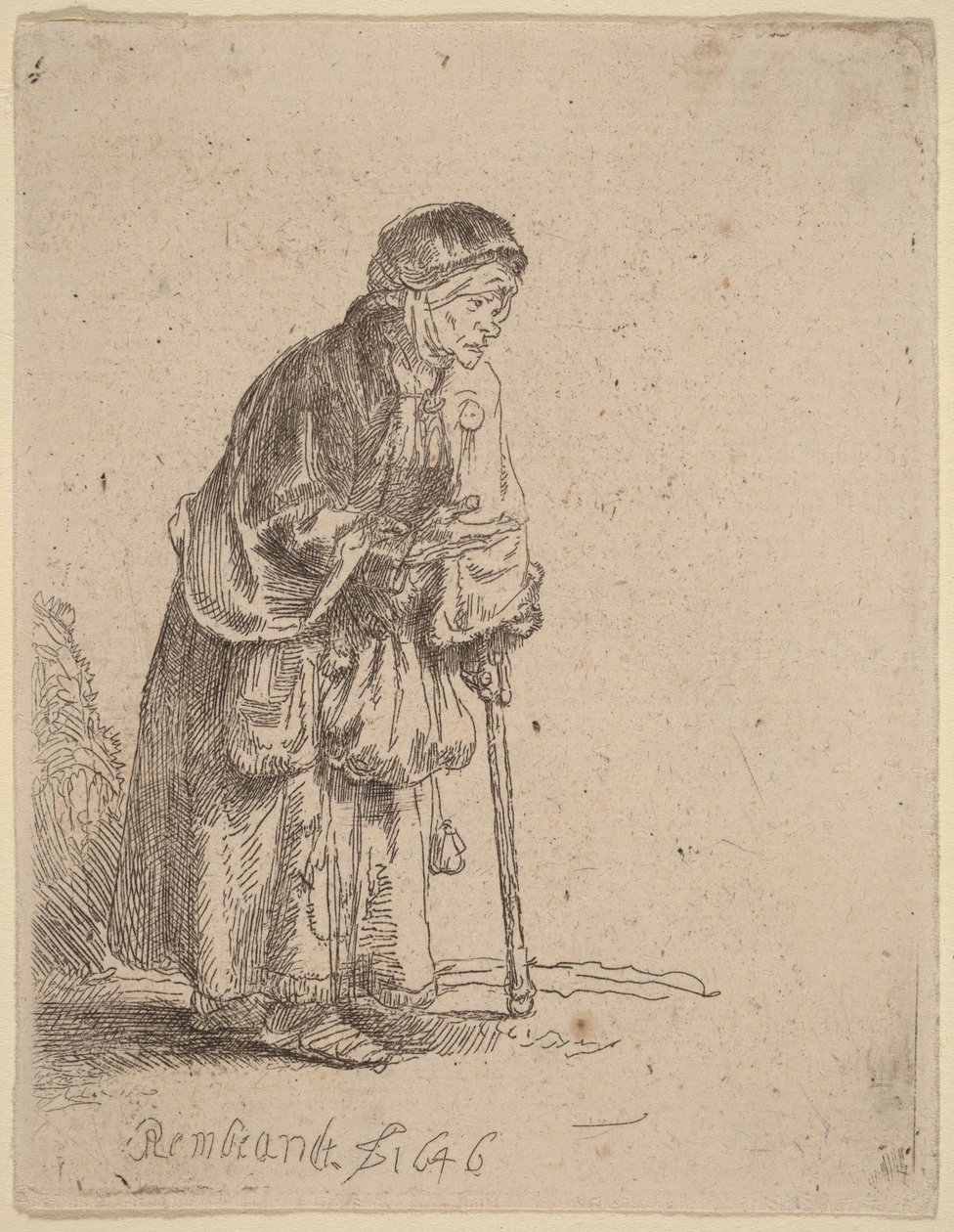 En tiggarkvinna som stöder sig på en käpp av Rembrandt van Rijn