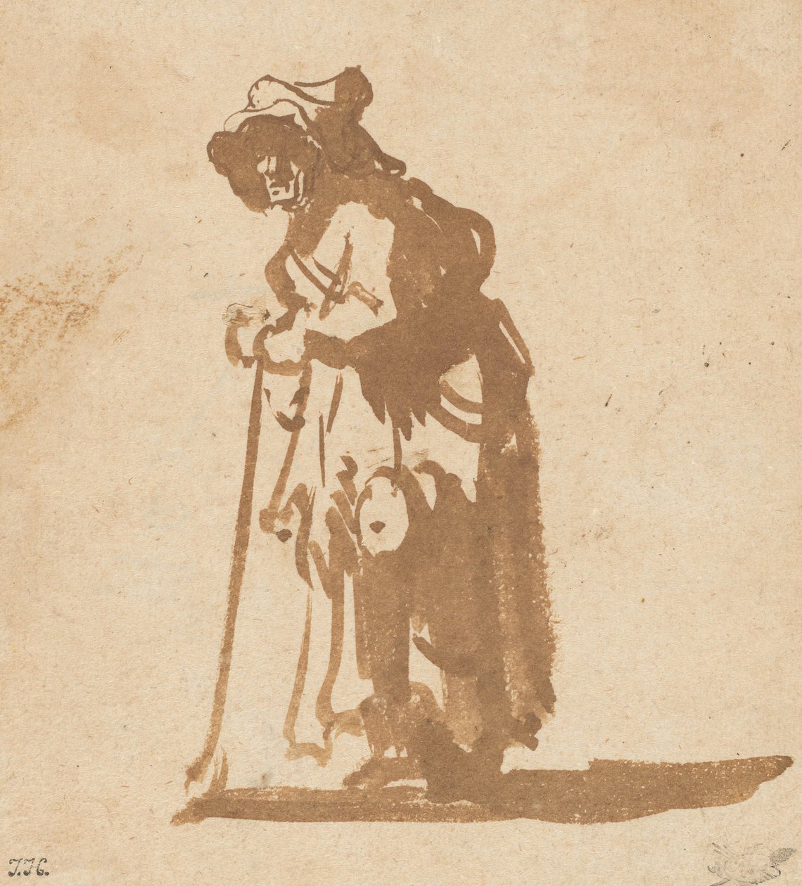 Tiggarkvinna lutad på en pinne, 16281630. av Rembrandt van Rijn
