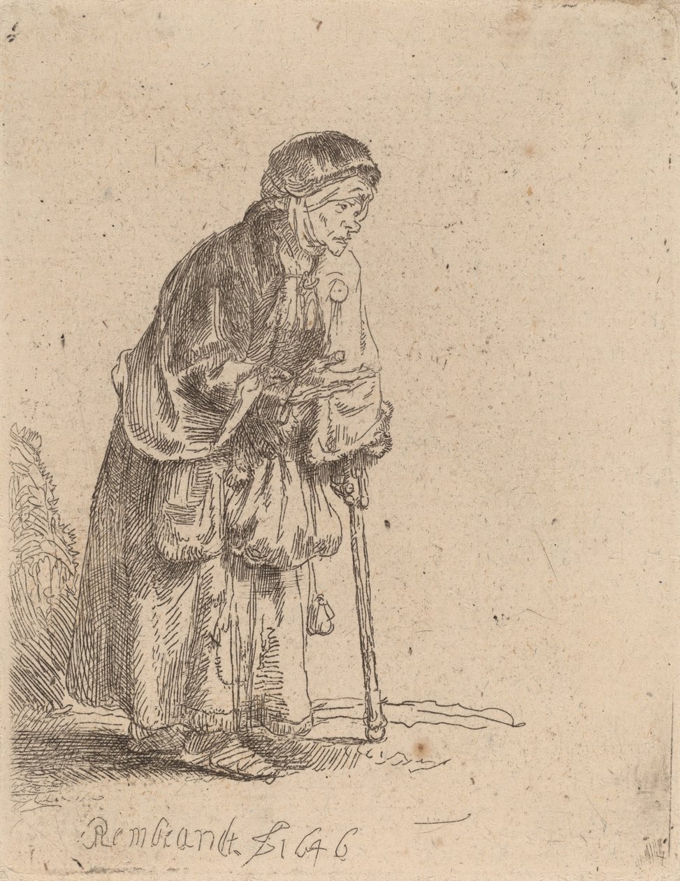 Tiggarkvinna lutad på en pinne, 1646. av Rembrandt van Rijn