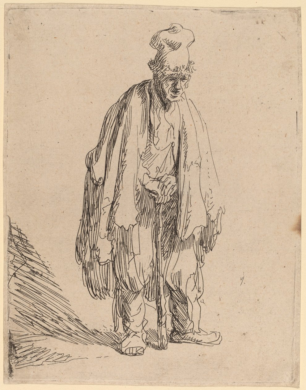 Tiggare i hög mössa, stående och lutad på en pinne av Rembrandt van Rijn