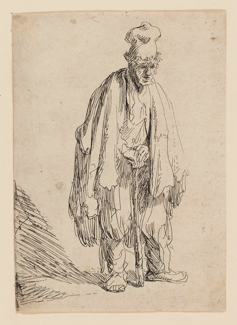 Tiggare i hög mössa, stående och lutad på en pinne av Rembrandt van Rijn
