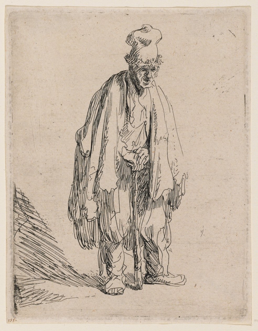 Tiggare med hög keps, stående och lutad mot en käpp av Rembrandt van Rijn