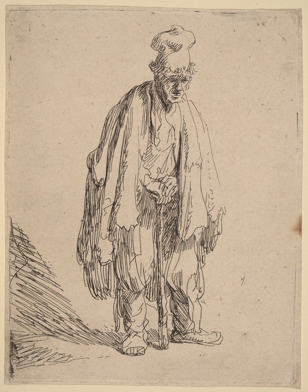Tiggare med hög keps, stående och lutad mot en käpp av Rembrandt van Rijn