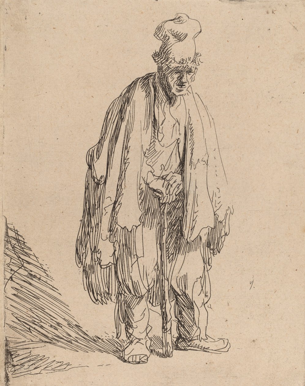Tiggare med hög mössa, stående och lutad på en pinne, ca. 1630. av Rembrandt van Rijn